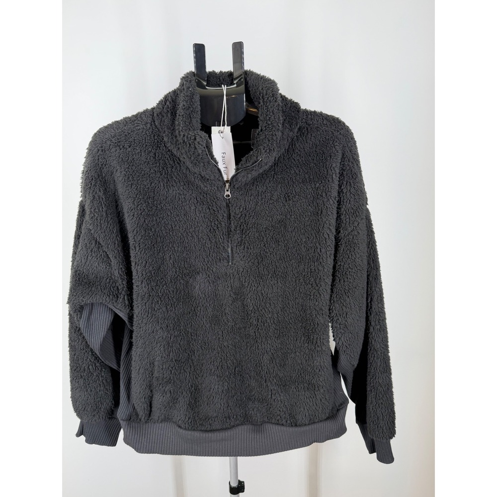 Workshop Republic Clothing Womens XL Faux Fur Quarter Zip Pullover Gray Fleece